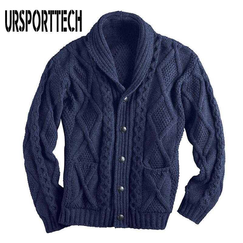 100%  irländsk merinoull aran button herrtröja höst vinter kofta tröja slim fit varm stickad tröja kappa: Mörkblå / Xxl