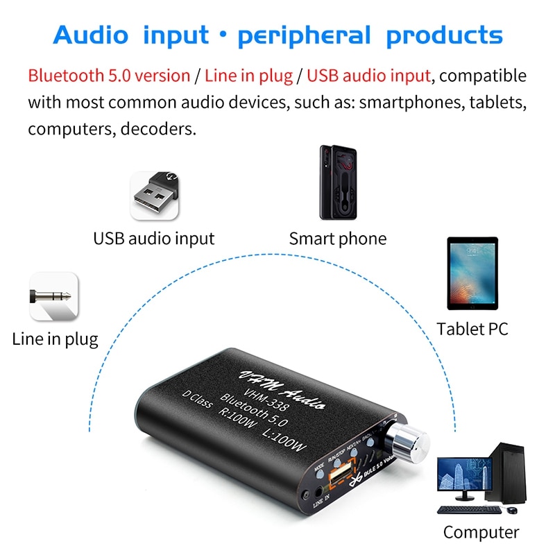 VHM338 Mini Bluetooth 5.0 Digital Amplifier Hifi Stereo Wireless o Receiver Power Amp 100W+100W Car Sound Amplifiers