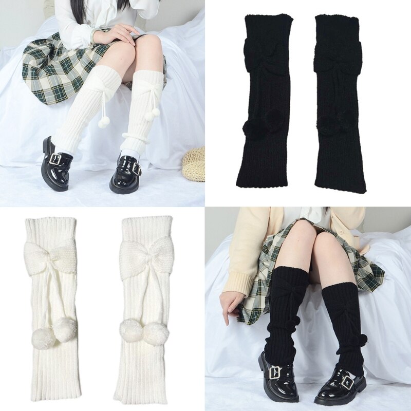 Effen Kleur Herfst Winter Knie Hoge Kinderen Strik Beenwarmers Met Bal Sokken 85DE
