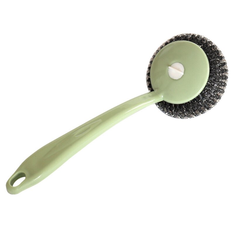 Stainless Steel Wire Ball Brushes Long Handle Wash Pot Bowl Tableware Brush Household Kitchen Brush Scrubber Cleaning Ball Tool: Green