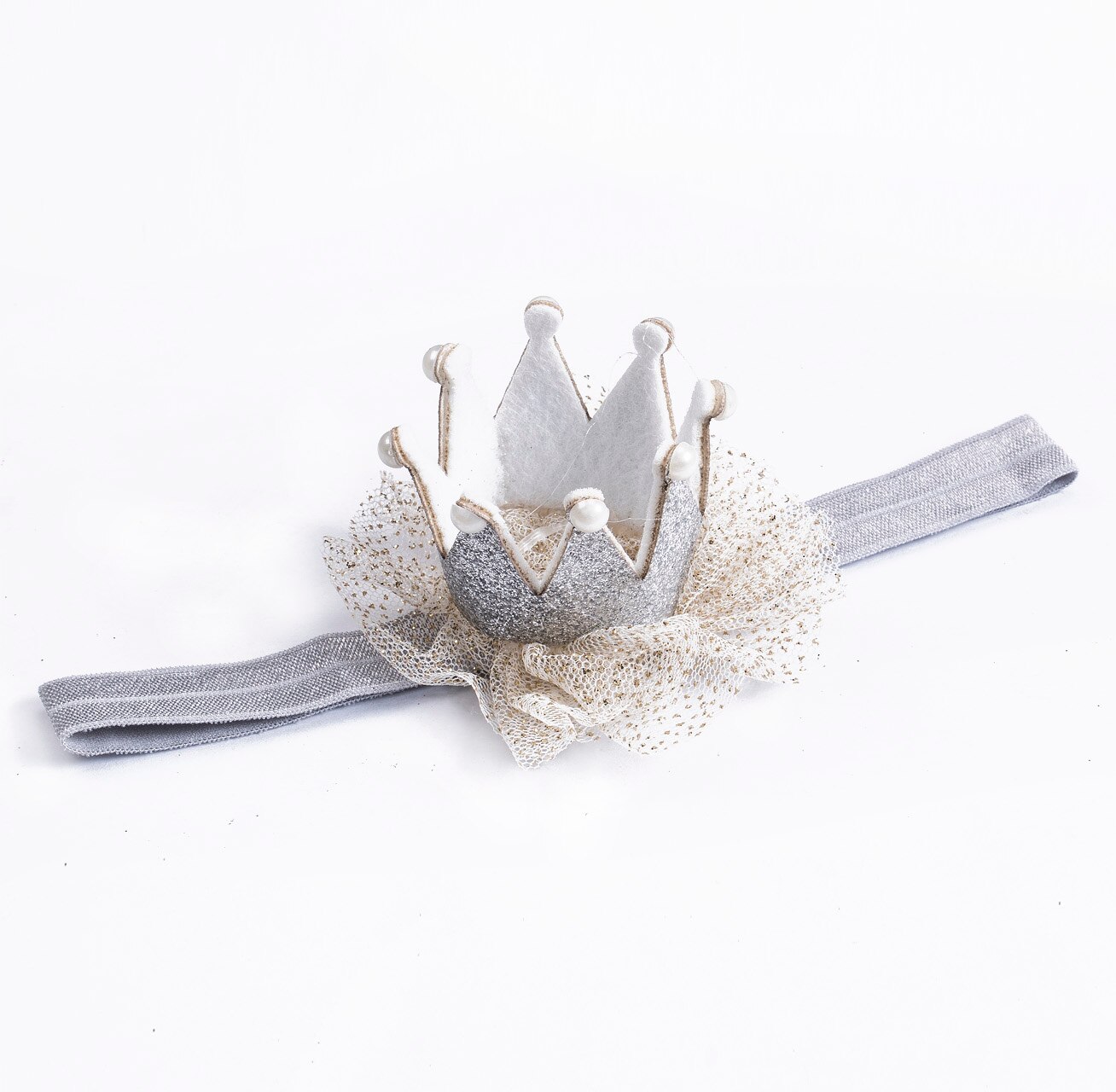 Nette Neugeborene Baby Mädchen Stirnband Geburtstage Haar Bands Kleinkind freundlicher Mädchen Blume Bogen Krone Weiche Elastische Tiara Stirnbänder: Silber