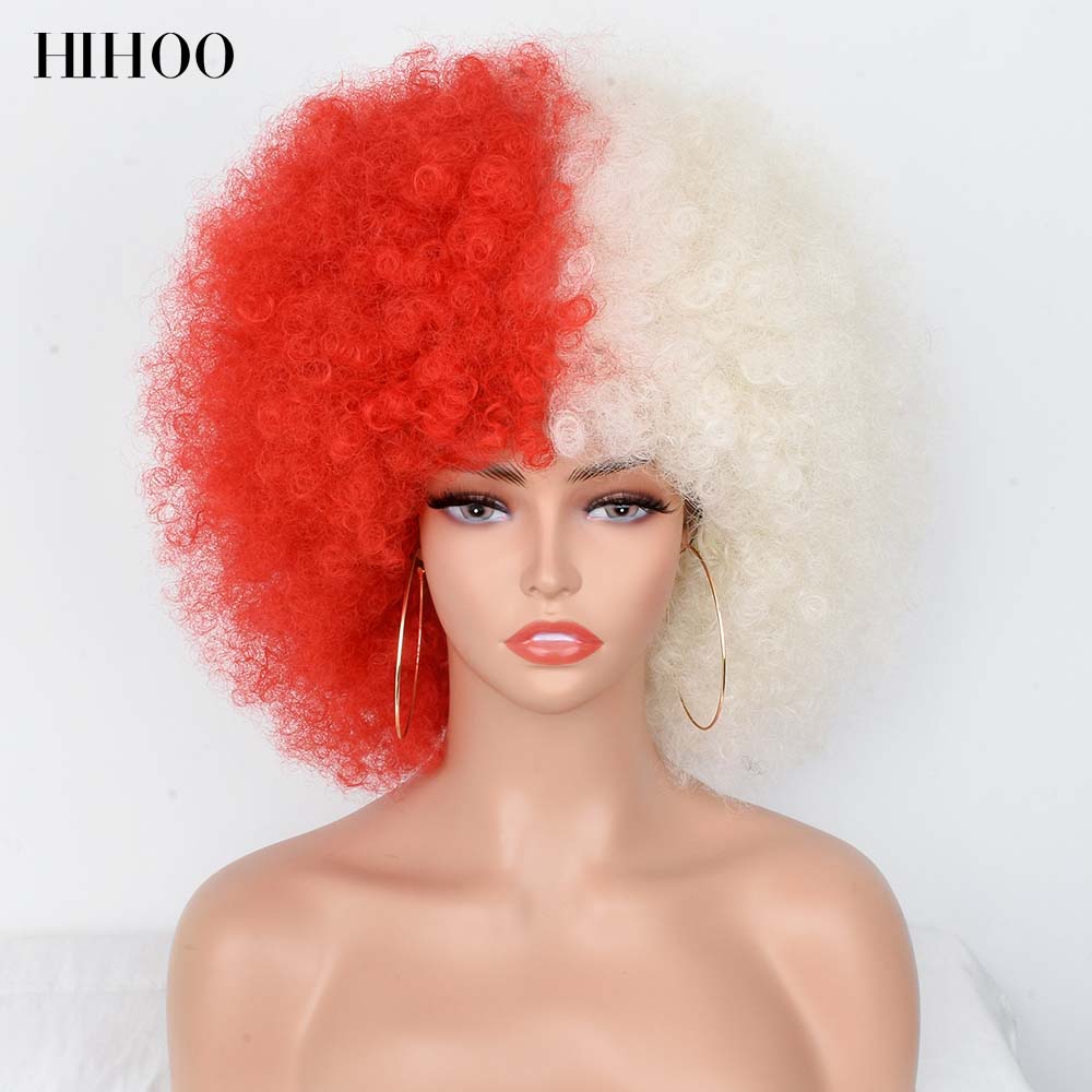 Peluca Afro rizada de pelo corto con flequillo para mujer, peluca sintética rosa para Cosplay, color negro, azul, rojo y marrón para Halloween: P1B/30
