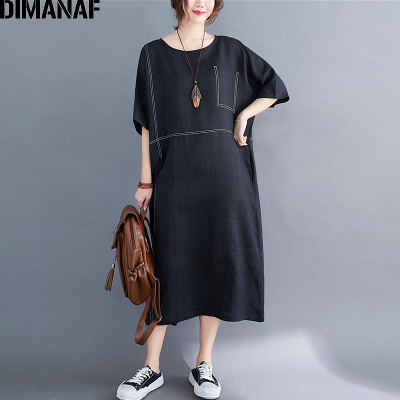 DIMANAF-vestido holgado informal de lino y algodón para verano, traje holgado para mujer en tallas grandes, color negro,