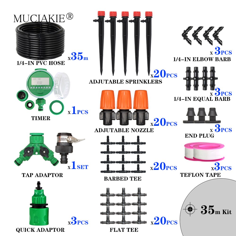Muciakie garden 1/4 &quot; slange drypvanding automatisk vanding kit tåge spray kølesystem med justerbar drypper controller: 35m 4 l 7 timersæt