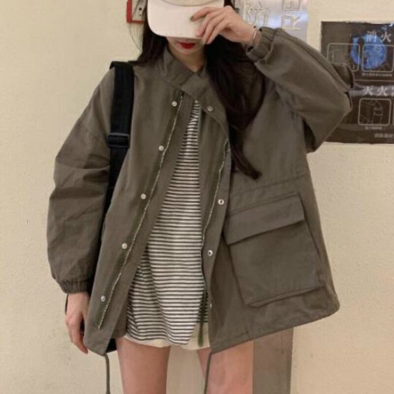 Jackor dam solid dragkedja enkla kappor dam plus storlek 2xl lös bf harajuku ins safari stil oversize high street all-match