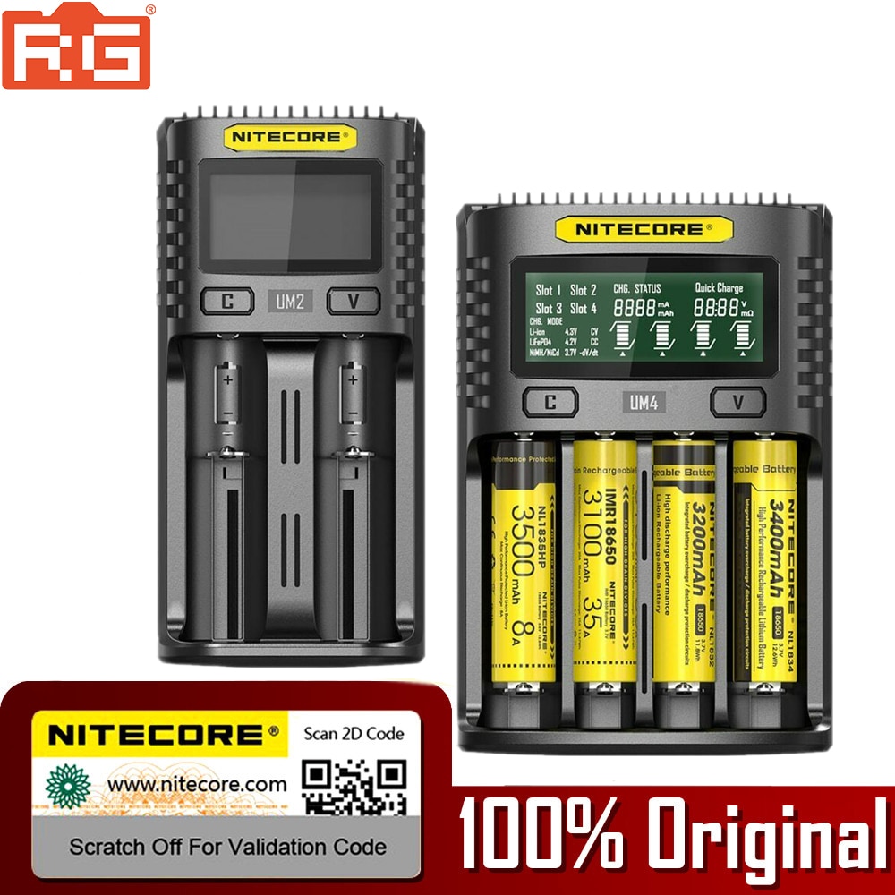 NITECORE UMS2 UMS4 UM2 UM4 SC4 inteligente QC cargador para 18650, 16340, 21700, 20700, 22650, 26500, 18350 aa aaa cargador de batería