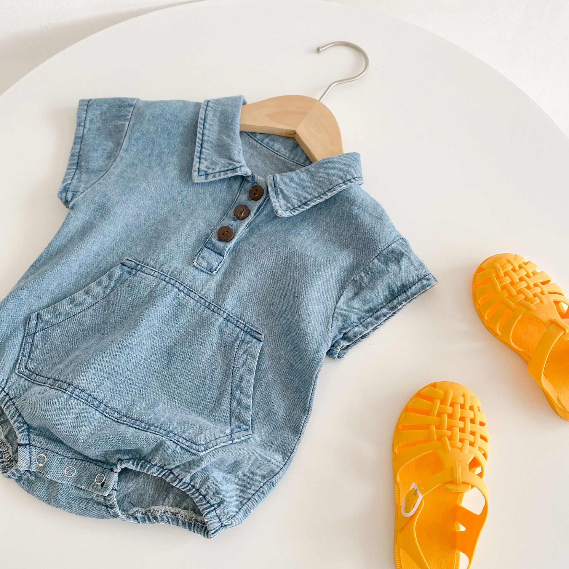 2021 verão novo recém nascido infantil menino menina moda grande bolso decoração bodysuit da criança do bebê denim manga curta bodysuits