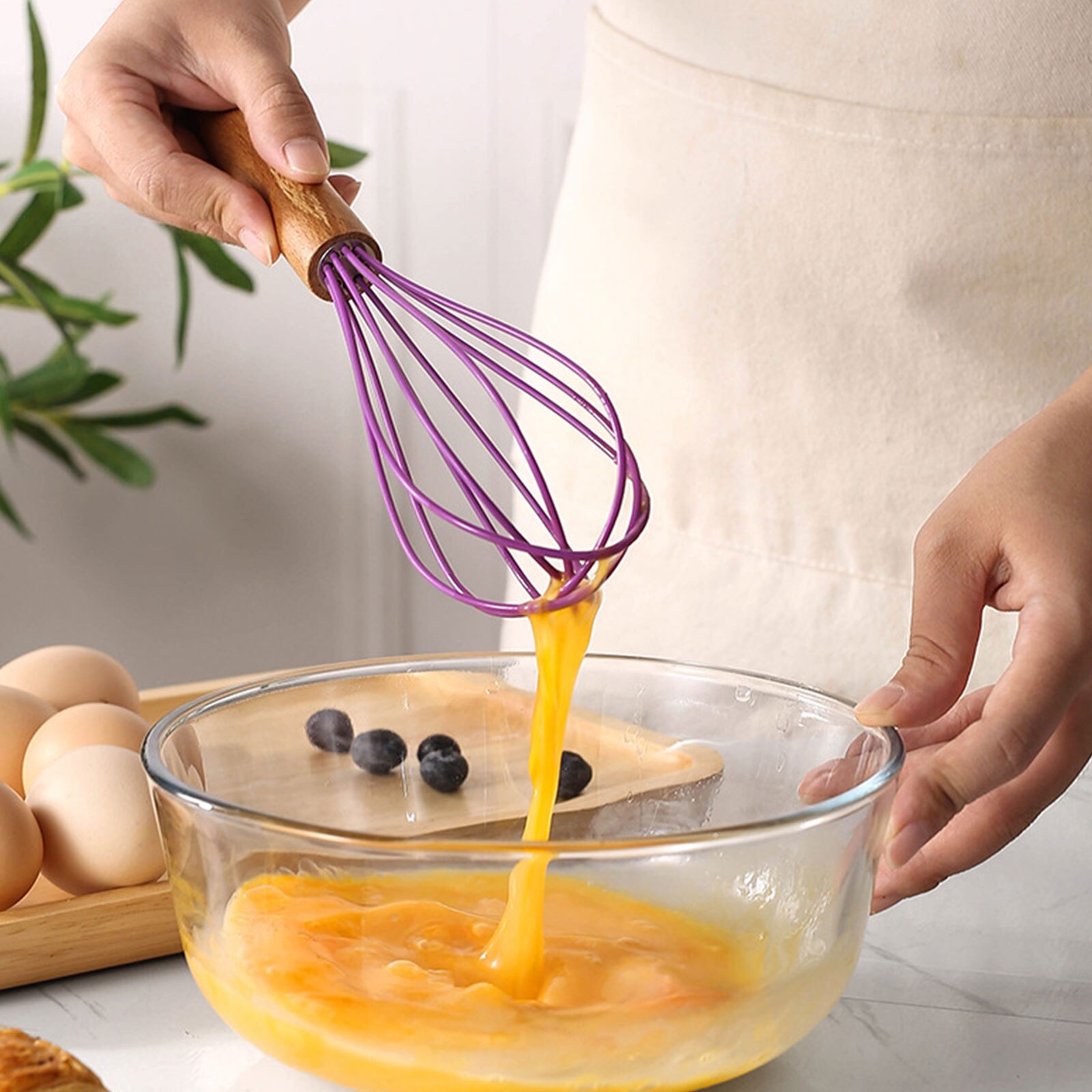 Silicone Whisk Non-Slip Easy Clean Egg Beater Milk Frother Kitchen Utensil Wooden Handle Egg Beater Tool