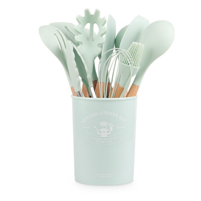 Utensilios de cocina antiadherentes de silicona, cuchara densa, espátula, batidores de huevos con mango de madera, vajilla