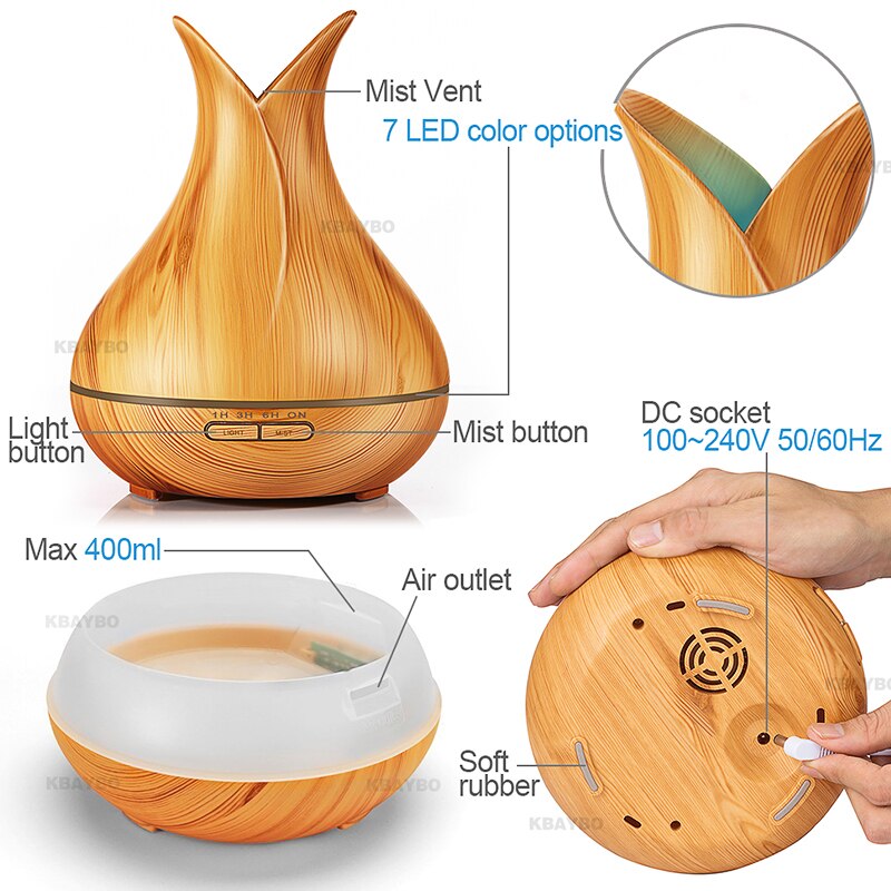 KBAYBO 400ml diffuseur d'air arôme électrique diffuseur d'huile essentielle humidificateur d'air à ultrasons bois télécommande brumisateur pour la maison