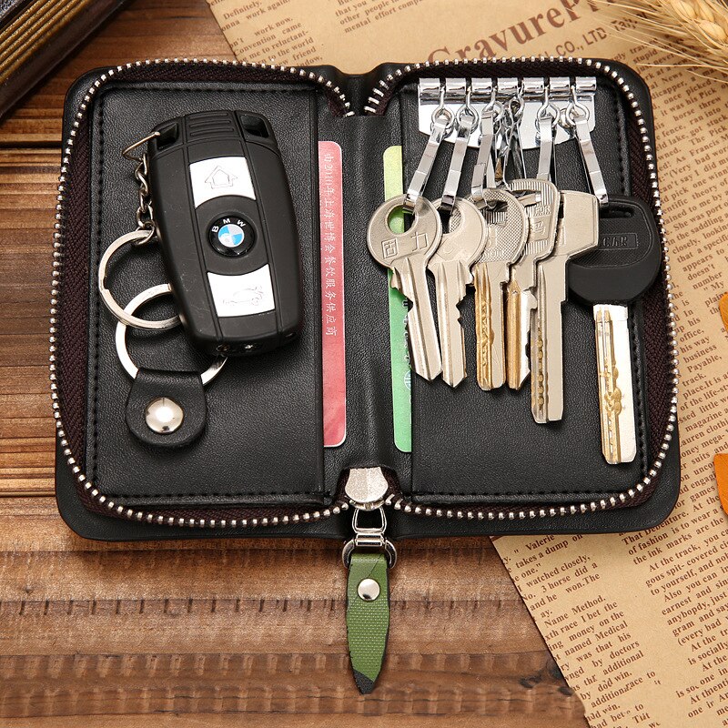 Caso de couro chave titular masculino/feminino chave carteira moeda bolsa multifuncional moda governanta chave saco organizador: black