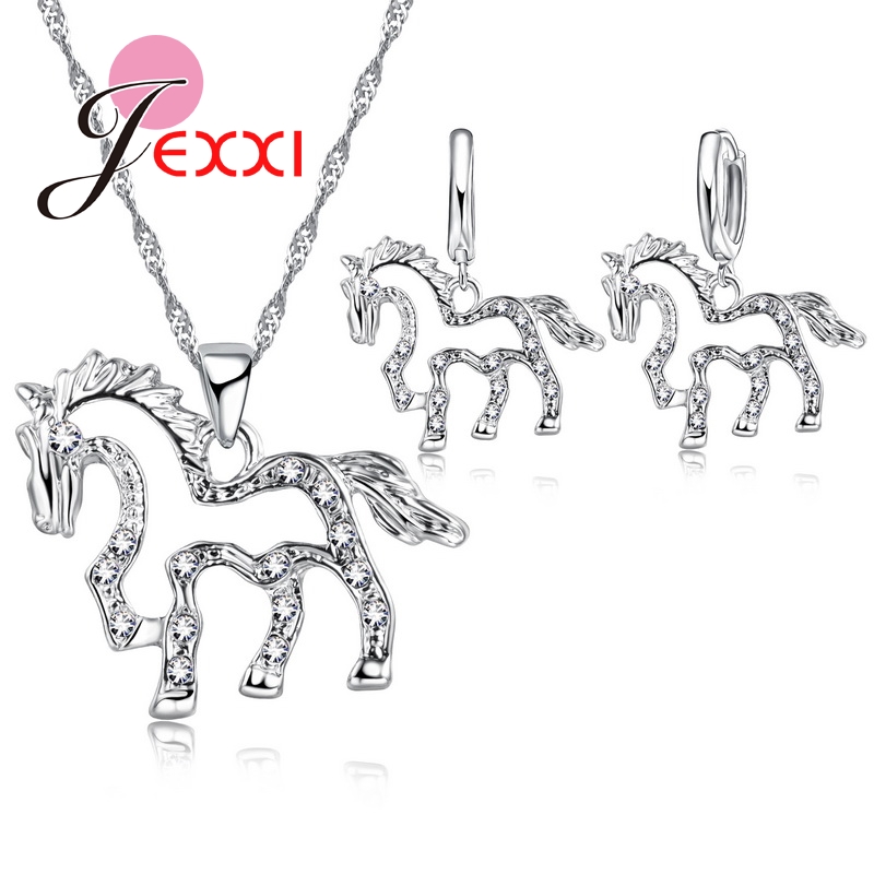 Rhinestone 925 Sterling Silver Bridal Jewelry Set For Women Horse Necklace Earring Set