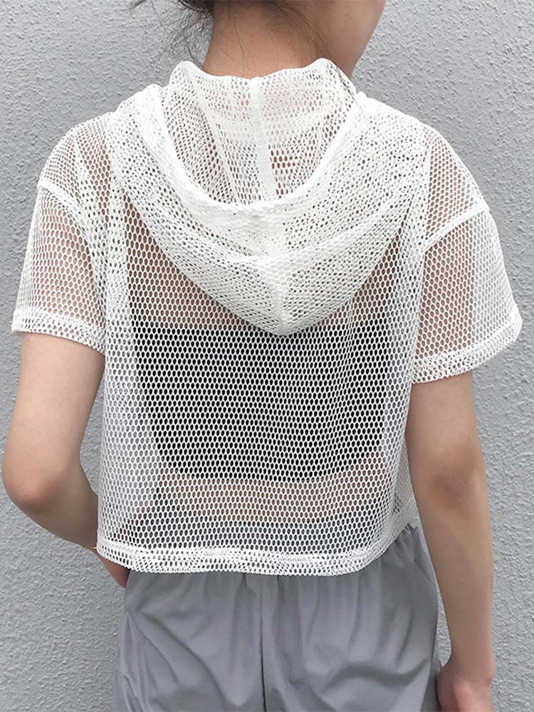 T-Shirt à Capuche en Maille Creuse pour Femme, Manches Courtes, Noir, Transparent, Swxy, Wlwear, ix