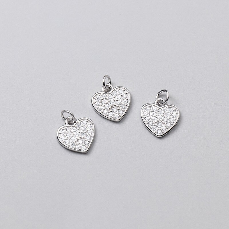 925 Sterling Silver Full AAA Zircon Paved Love Heart Charms Entire S925 Silver Necklace Bracelet Pendant DIY Jewelry Findings: platinum 1pcs