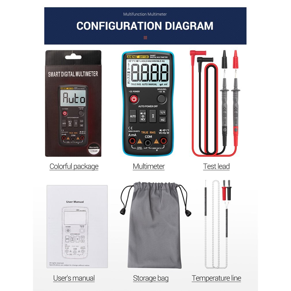 AN113B 6000 Count Multimeter Tester Fully Intelligent Automatic Range Digital Multimeter Transistor Voltmeter