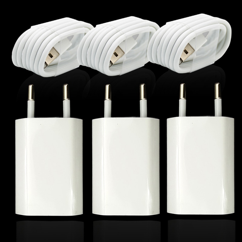 3 set/lotto caricatore del USB di ca della parete della spina di ue per il cavo di carico di iPhone 8 Pin USB + adattatore del caricatore di viaggio per Apple iPhone 5 5s 6 6S 7