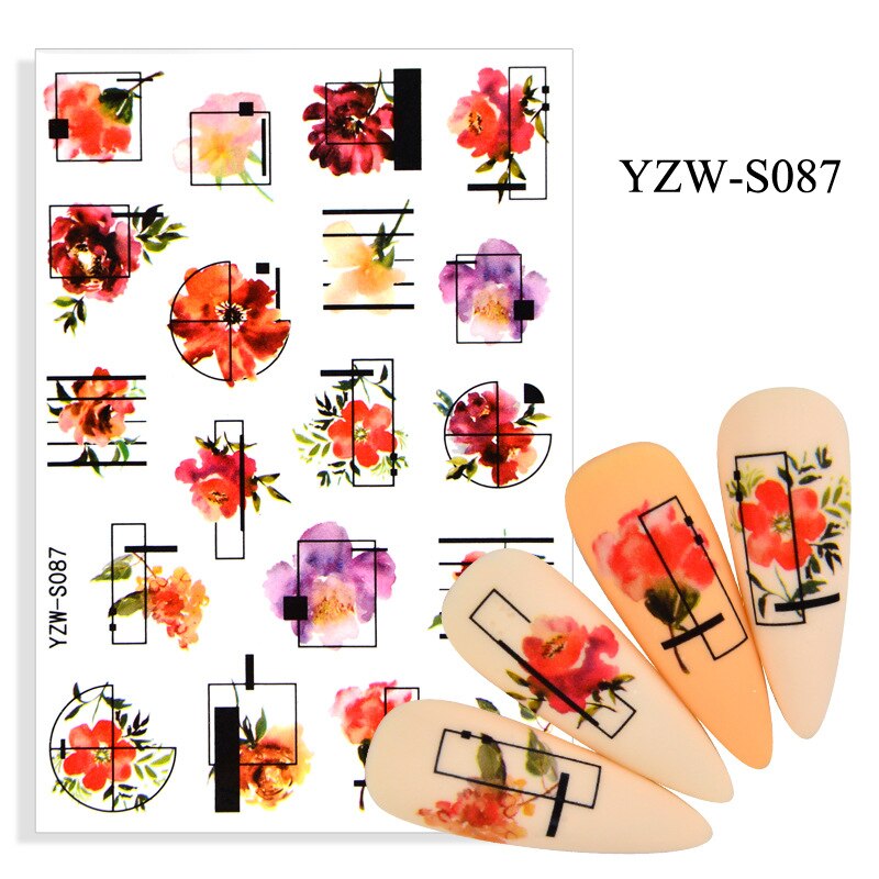 3D Stickers Voor Nagels Lijm Geometrie Lijn Rode Bloem Nail Art Decoraties Trend Patroon Sticker Nagel Folie Accessoires