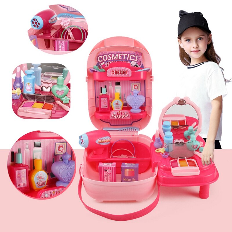 Kids Pretend Play Make Up Case Simulation Beauty Salon Play Set Accessories Suitcase Storage Box Role Play Cosmetics Toy