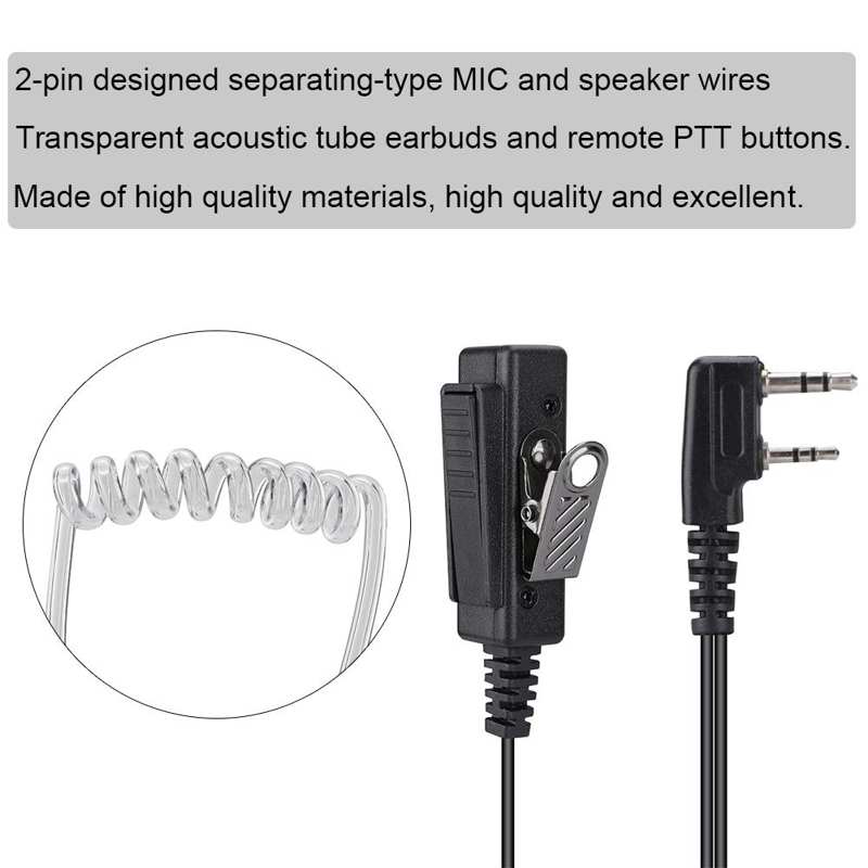 Oreillette talkie-walkie 2- broches avec microphone, conduit d'air ptt, kit de surveillance pour écouteurs talkie-walkie ptt