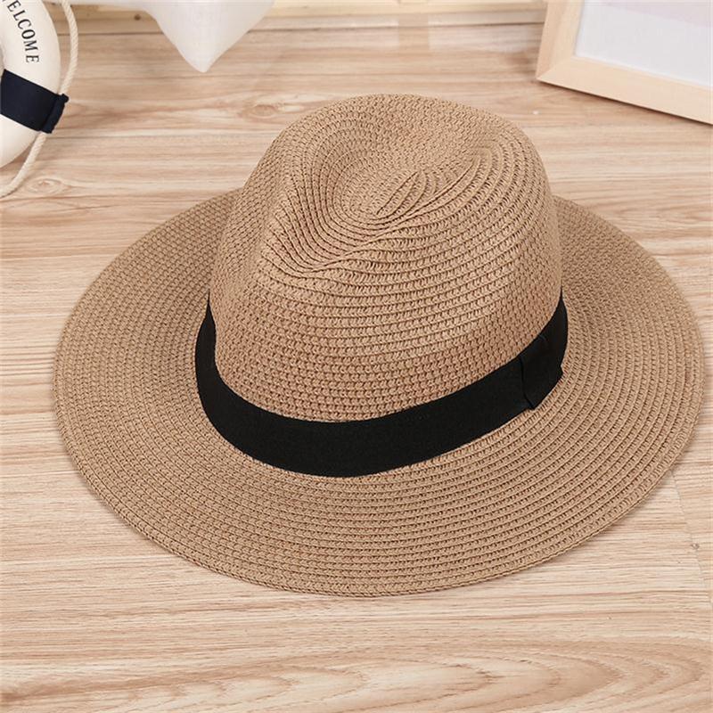 Women's Sun Hat Ribbon Round Flat Top Straw DIY Beach Panama Hat Summer Hats For Women Straw Hats Snapback Gorras: Khaki