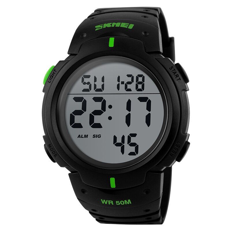 Skmei utendørs sportsklokke herre stor urskive enkle klokker kalender pu stropp 5 bar vanntett digital klokke reloj hombre 1068: Grønn
