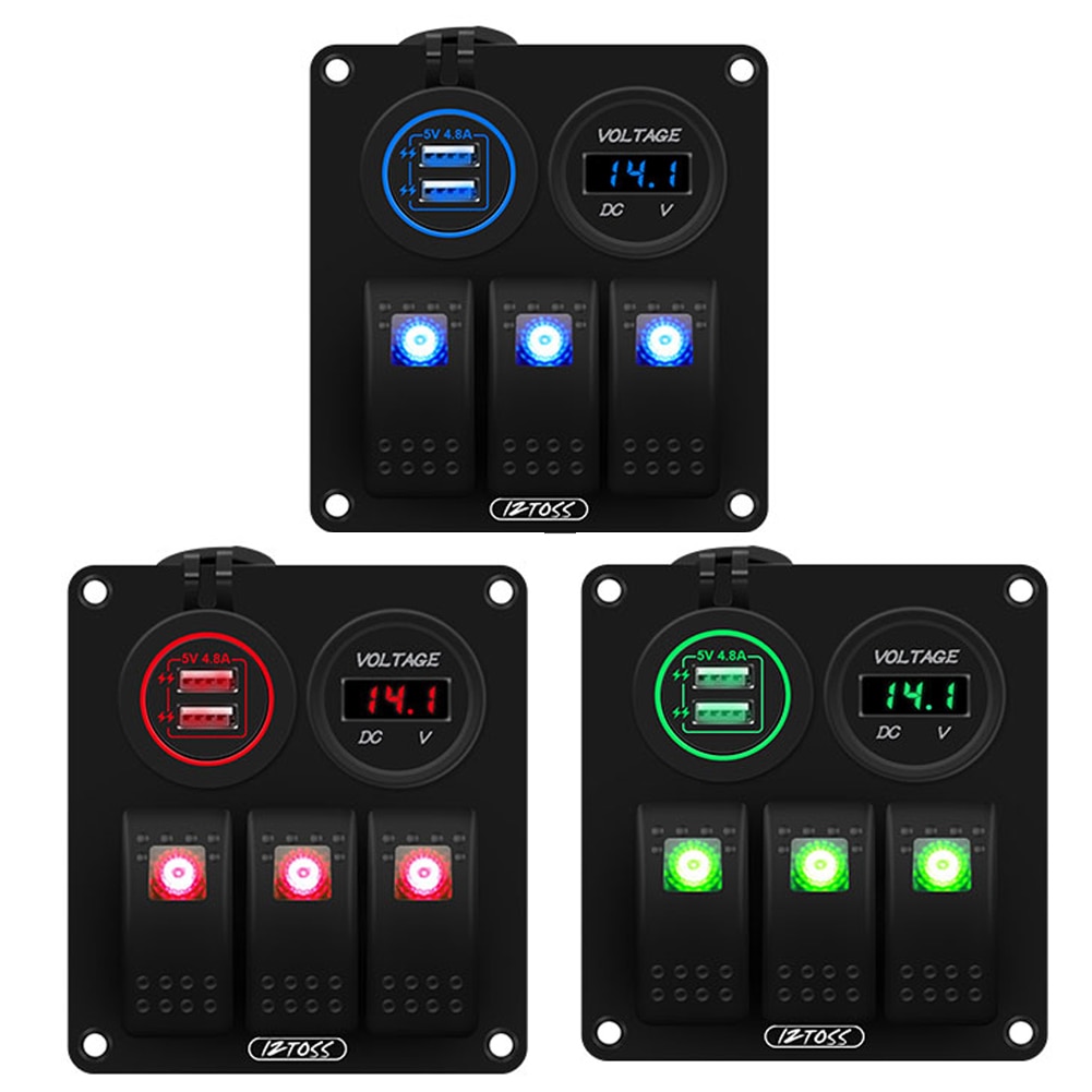 12V/24V 3 Gang Rocker Switch Panel with 4.8A Dual USB Charger and LED Digital Voltmeter for Marine Boat Car Rv Rocker Switch