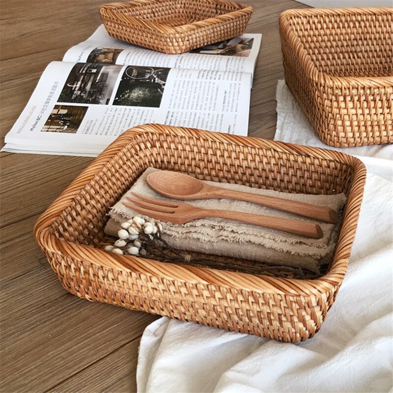 Handmade Rattan Storage Baskets Household Items Snacks Fruit Tea Bread Picnic Cosmetic Rattan Box Kitchen Supplies Organizer