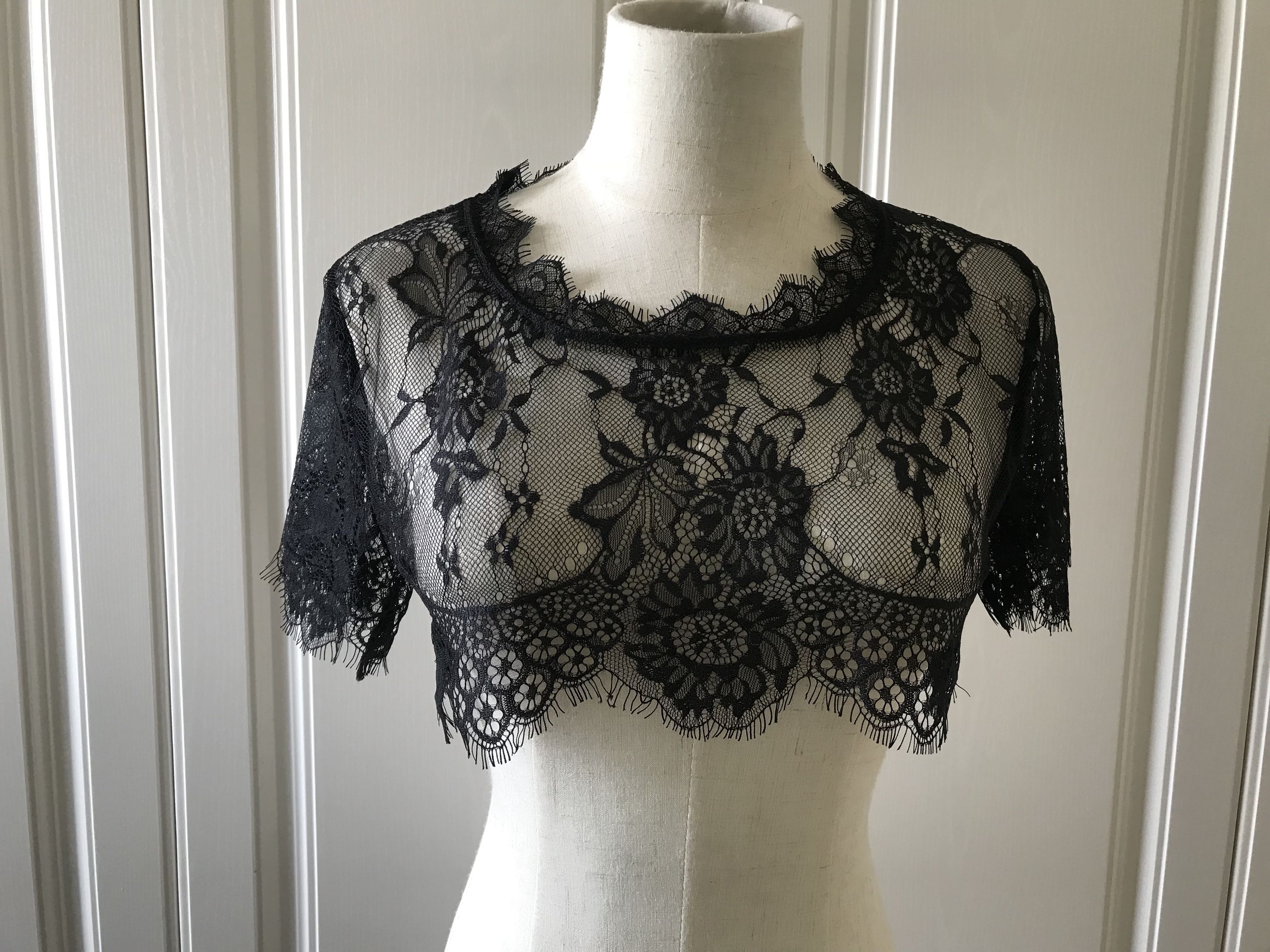 Chaqueta de boda de encaje negro para mujer, chaqueta de manga corta para novia, Bolero, escote redondo, para vestido,