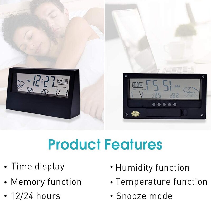 Alarm Clock with Transparent LCD Battery Operated Weather Alarm Clock Digital Clock Date Weather Temperature