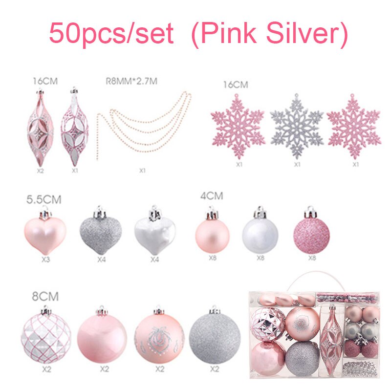 90 Stks/set Kerstballen Met Boom Top Sparkle Sterren Opknoping Bal Kerstballen Sneeuwvlok Kerstboom Decoratie Ballen Ornament: 50pcs pink silver