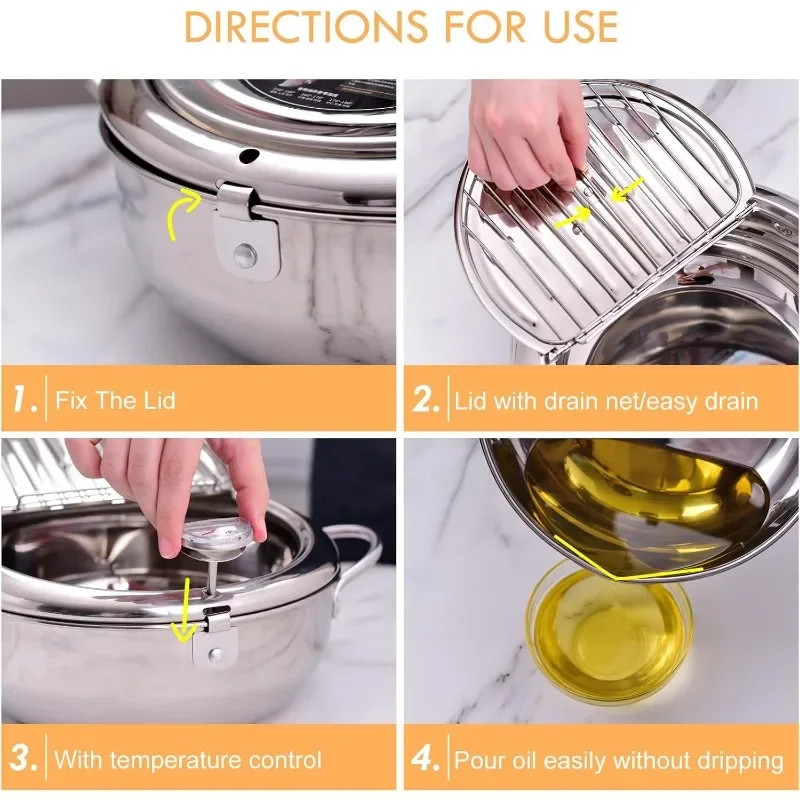 Friggitrice multifunzionale con termometro e scolapiatti per olio Utensili da cucina per fornelli a induzione a gas a doppio fondo per uso domestico