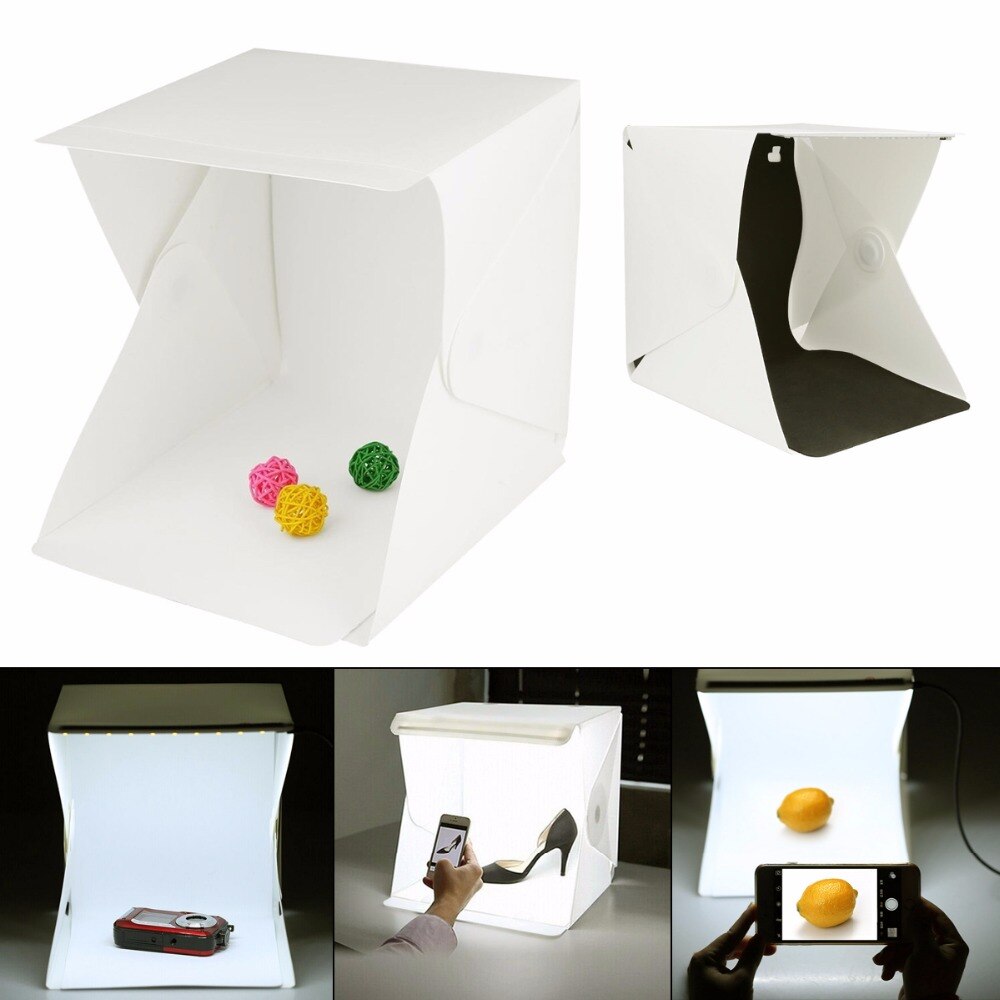 SOONHUA Folding Portable Mini LED Photography Lightbox Studio Backdrop Button Mount Photography Box for Smartphone DSLR Softbox