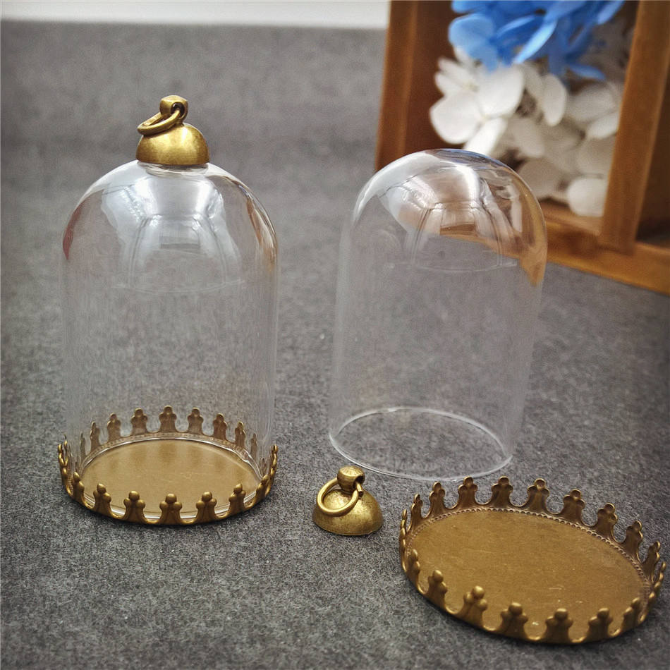 5sets/lot 38*25mm tube glass globe bronze tiny crown base beads cap glass vial pendant necklace pendant glass dome: hanger ring cap set