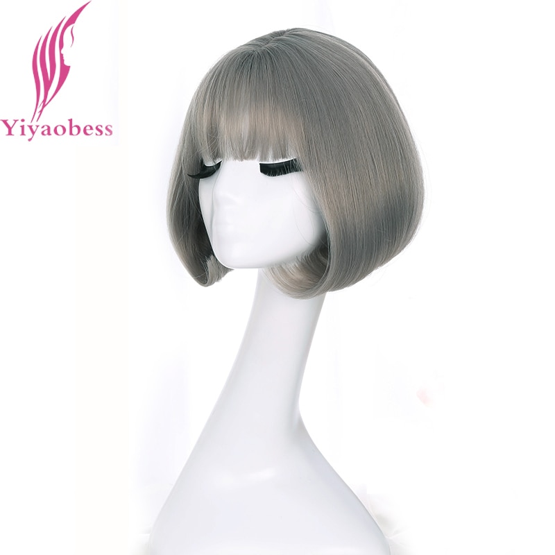 Yiyaobess-perruque synthétique style carré court | Perruque grise brune noire rotin lin grise avec frange Air coréenne de 12 pouces pour femmes