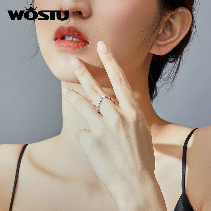 WOSTU Genuine 925 Sterling Silver Love Shape Rings Simple Jewelry For Women Wedding Party Ring CQR622