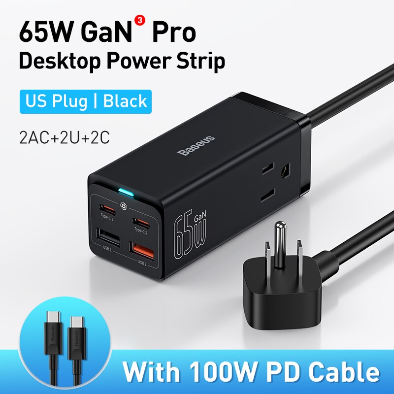 Baseus 65W GaN3 Pro ładowarka biurkowa listwa zasilająca wtyczka amerykańska stacja ładująca szybka ładowarka do iphone 13 12 Xiaomi Samsung Laptop: US plug  Black