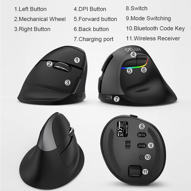 Delux M618 Mini Wireless Mouse Bluetooth 4.0+2.4GHz Recharging Game Mouse Office Laptop PC Silent Mouse Ergonomic Vertical Mouse