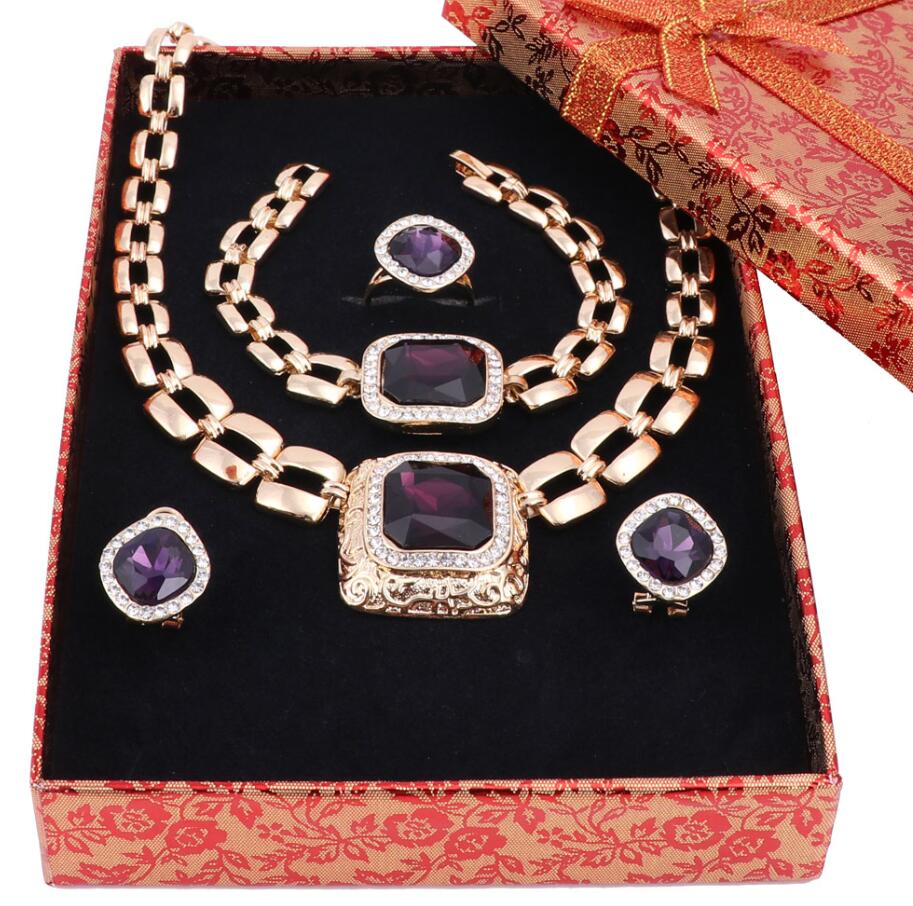 Afrikaanse Kralen Sieraden Sets Voor Vrouwen Jurk Accessoires Goud Kleur Crystal Wedding Bridal Ketting Oorbellen Armband Ring Sets: Purple Add Box