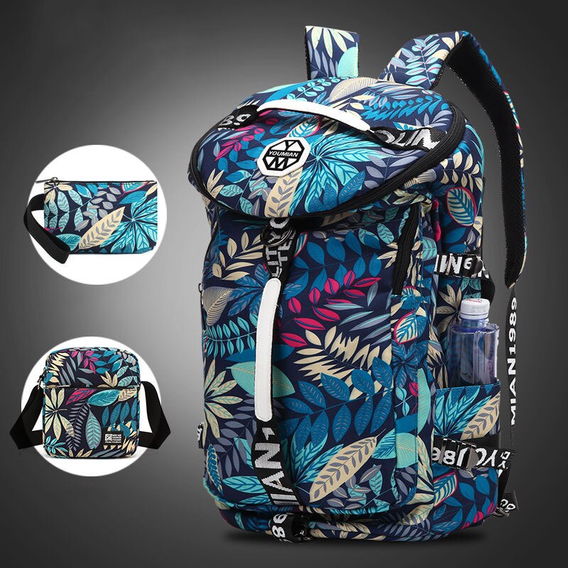 YOUMIAN Large-capacity travel backpack female shoulder bag sports fitness canvas bag light hiking travel luggage: Blue leaves Big Set
