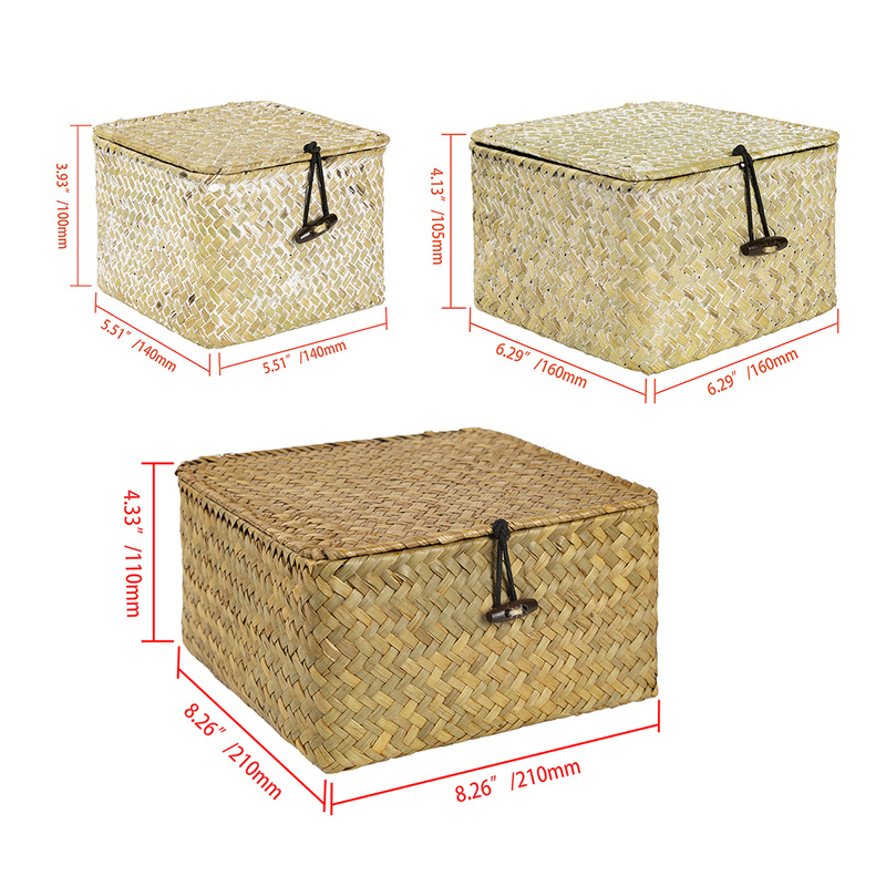 Wicker Storage Box with Lid Seagrass Woven Storage Baskets Handmade Cosmetic Jewelry Container for Home Bathroom Hotel Supplies