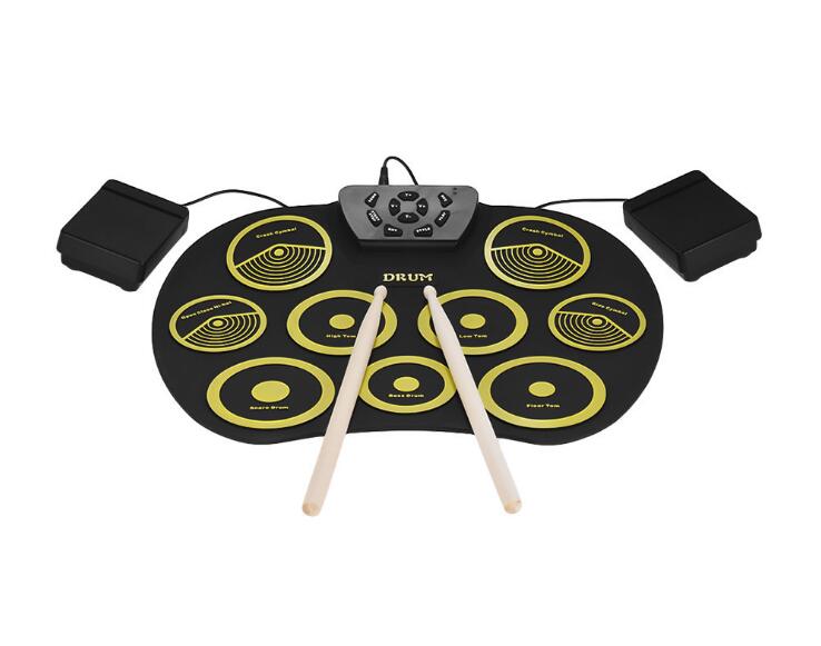 Hand roll Silica gel Drum kit With foot pedal Portable child percussion instrument Electronic drum: Yellow