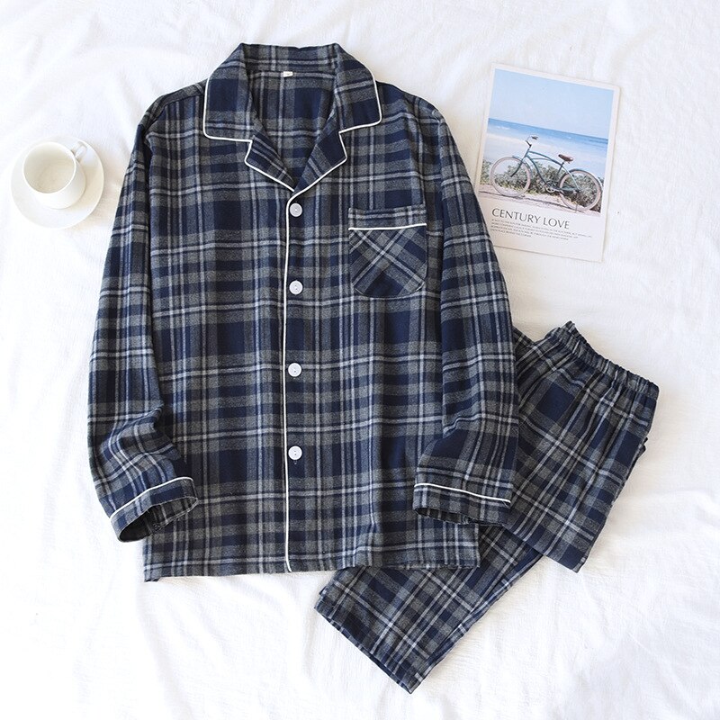 Pijama de franela de algodón para hombre, ropa de dormir de manga larga, para primavera y otoño: Gris oscuro / M