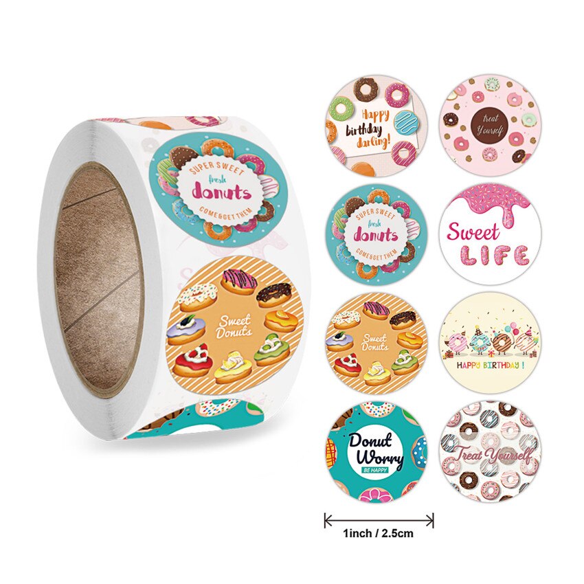 100-500pc Happy Birthday Sticker Donuts Delicious Foods Sticker Label For Homemade Bakery Packaging Scrapbooking Kids Party: A 500Pcs