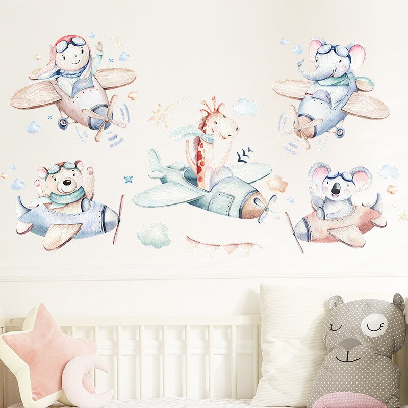 Cute Animal Pilot Wall Stickers for Boys room Decor Removable Kids room Nursery Wall Decor Wallpapers Home Decoration Decals