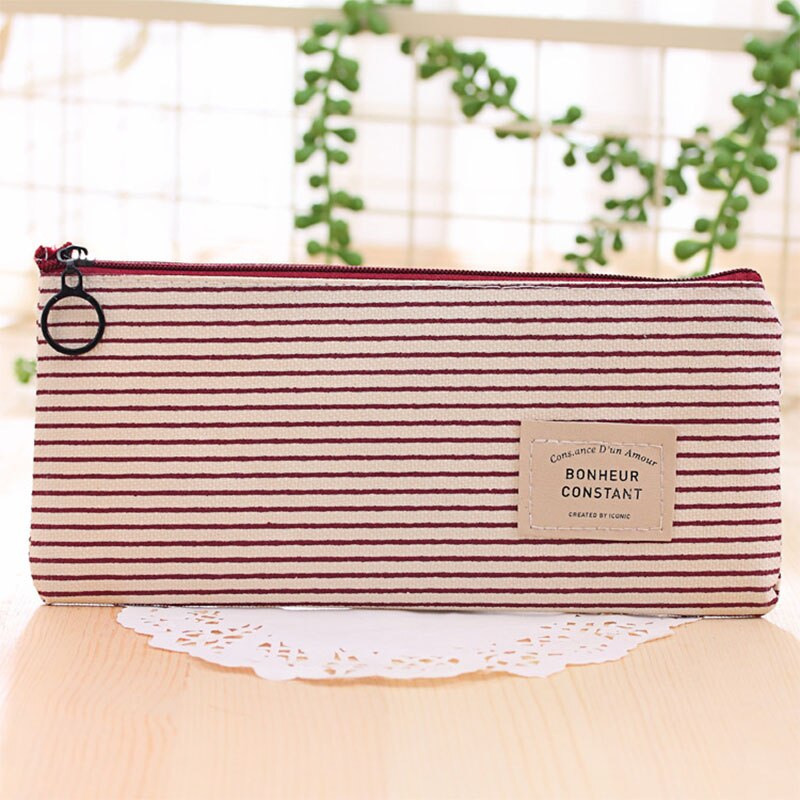 canvas gray Grid Pencil Bag red blue stripe Pencil Bag bonheur constant Pencils Bags navy color: red stripe