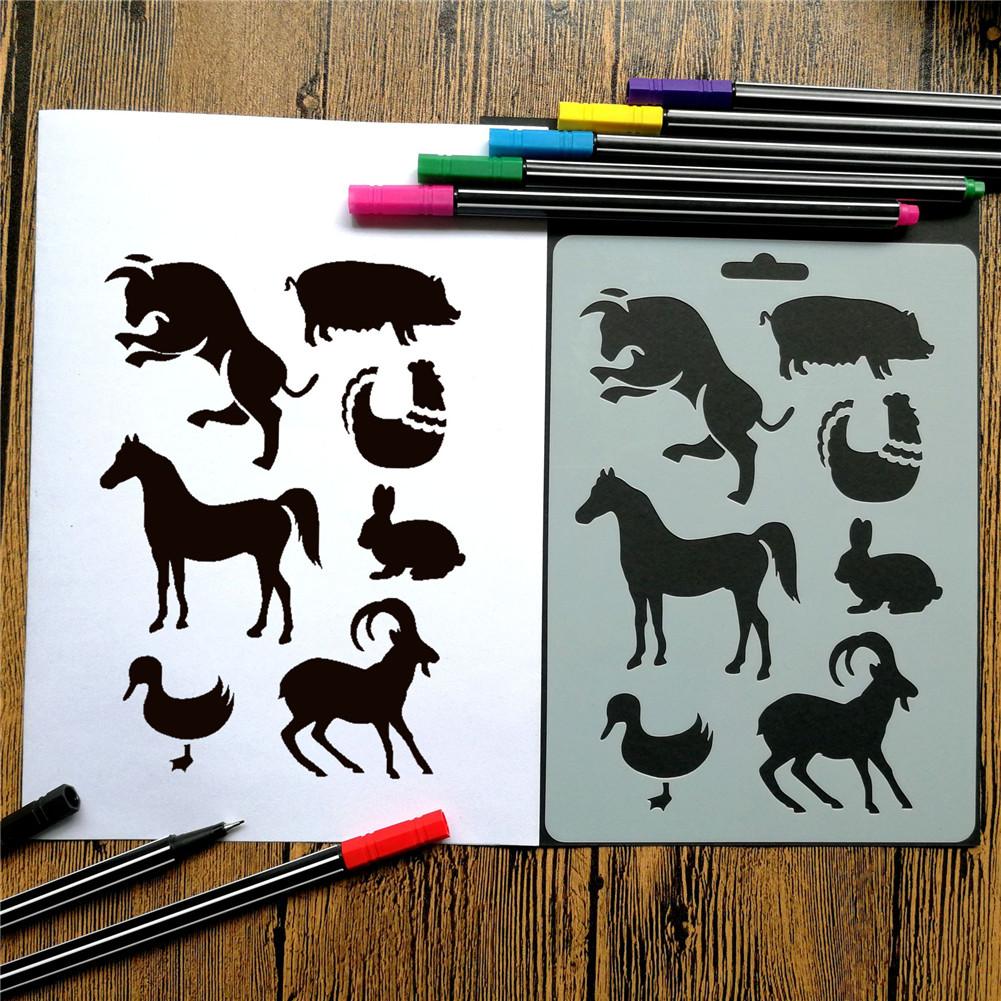 12pcs Animal Stencils Set With 10 Fineliner Color Pen Plastic Drawing Painting Templates Scrapbooking Kids DIY Crafts Featu