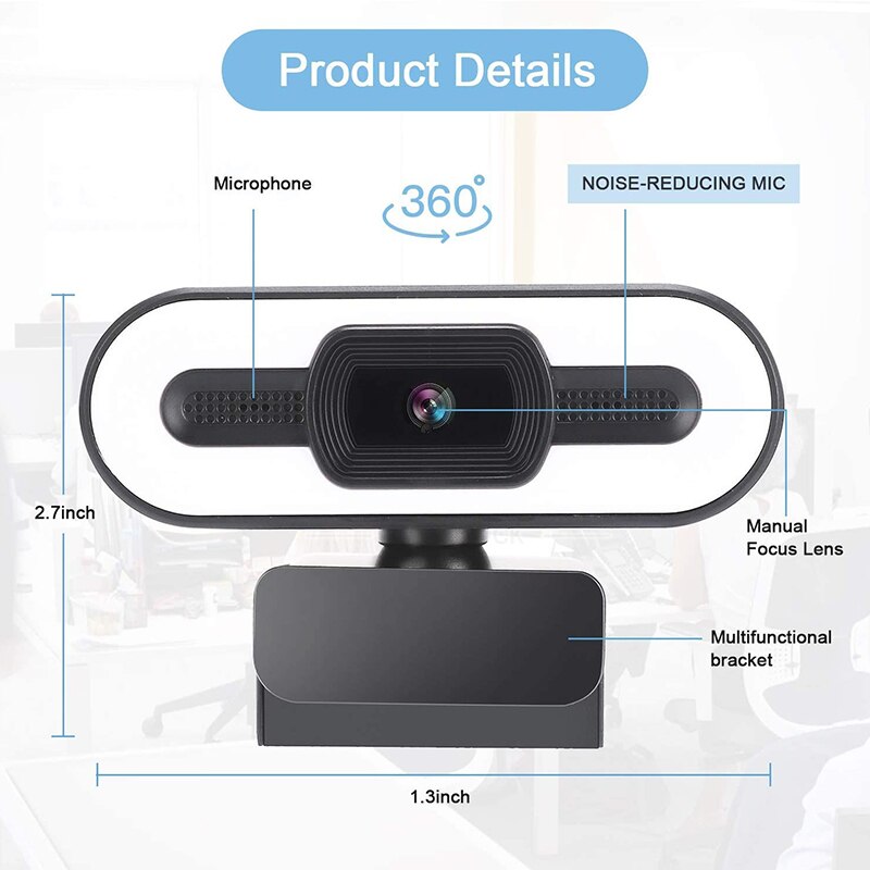2K HD Webcam mit Mikrofon USB Webcam mit Ring Licht LED Computer Kamera für Zoomen Video Konferenzen PC Mac Laptop Schreibtisch
