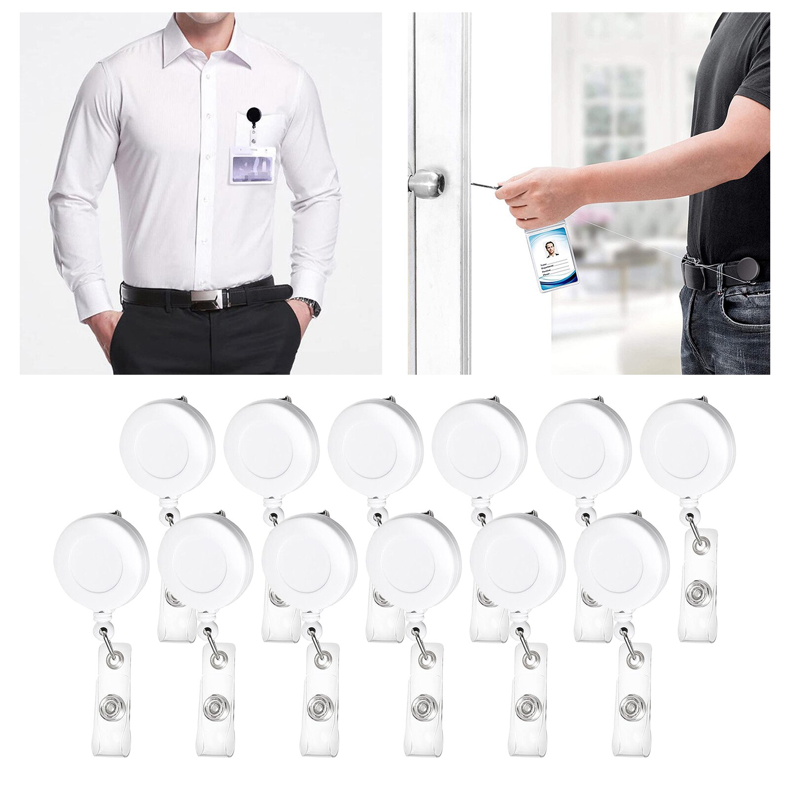 12pcs/Set Retractable ID Badge Holder Reels Key Ring Holders Badge Holder, Heavy-duty Steel Wire Cord: white