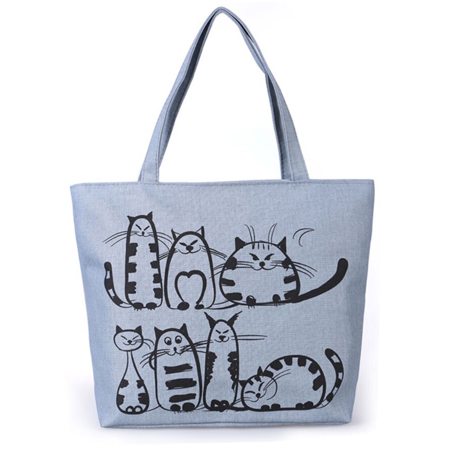 Leuke Cartoon Kat Gedrukt Rits Schoudertas Supermarkt Boodschappentassen Casual Ritssluiting Canvas Tas: A