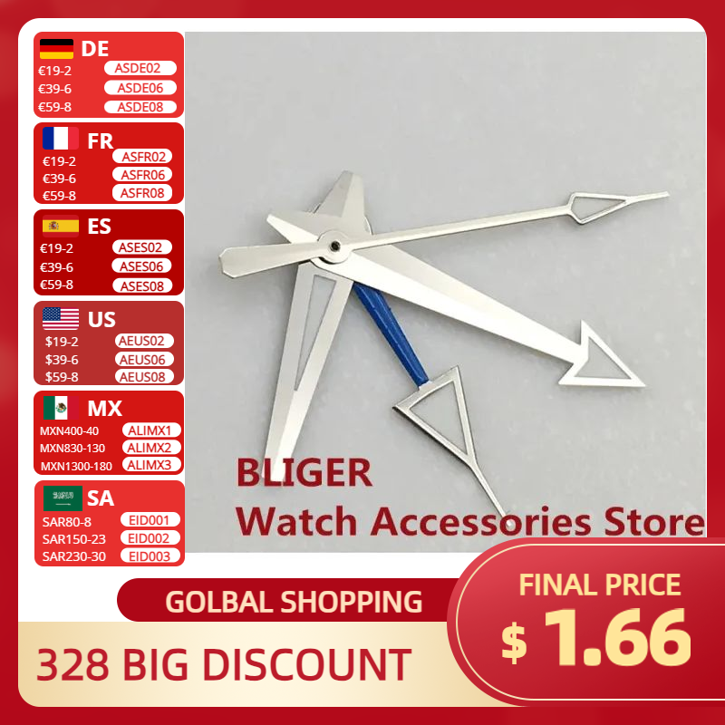 BLIGER Silver Watch Hands Red Blue Green GMT Pointers Fit NH34 Movement Green Luminous 4 PCS